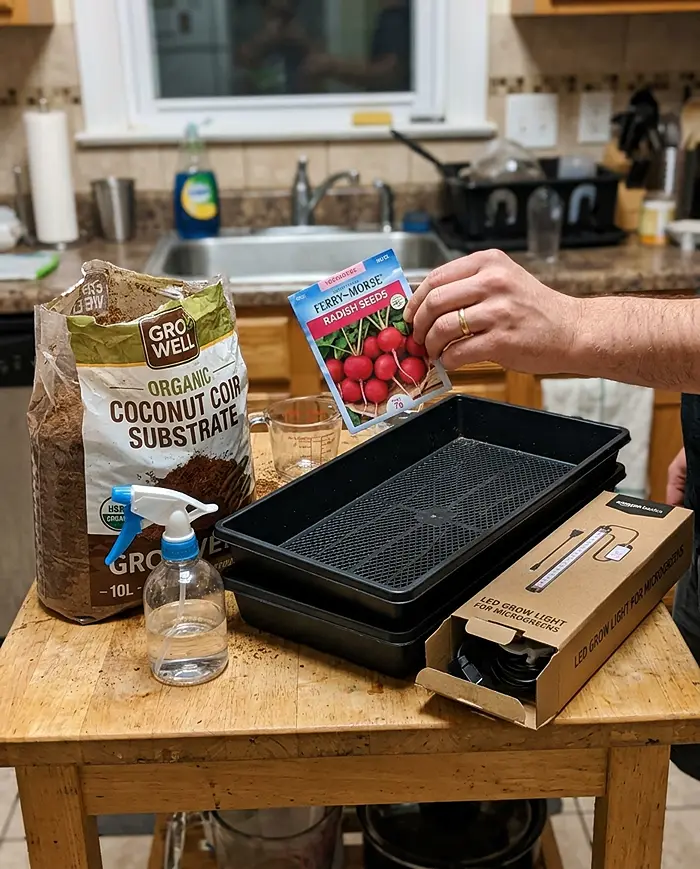 Microgreens Growing System for Small Apartments 2 Essential microgreen growing equipment spread out on apartment table