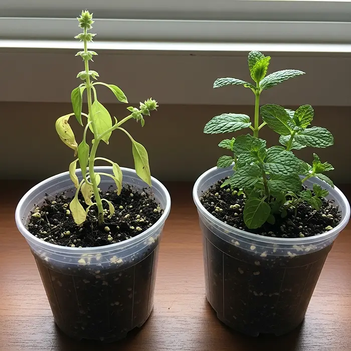Etiolated leggy herb vs healthy mint plant showing low-light growing differences