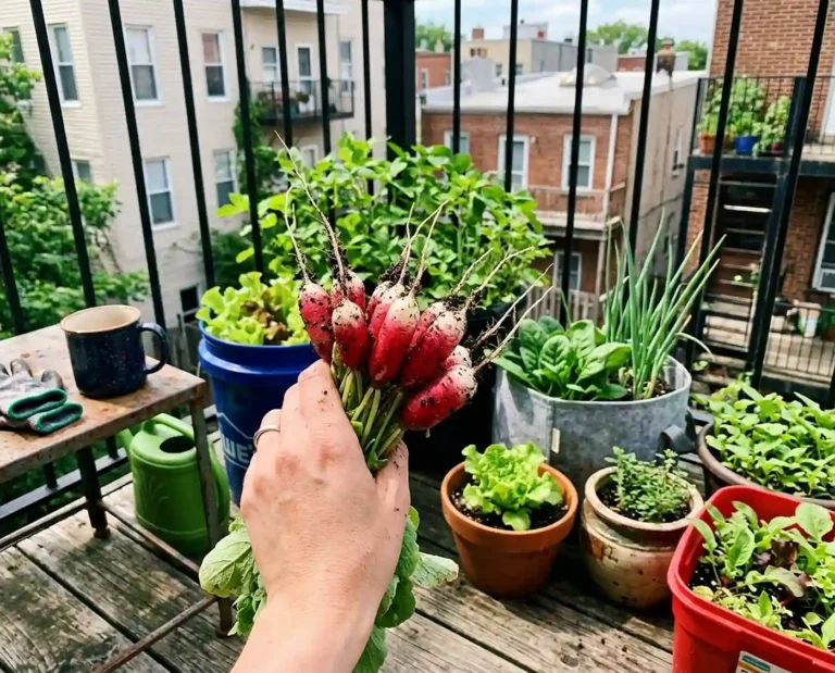 Fast-growing vegetables in small pots on apartment balcony with fresh radishes