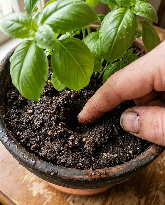 How Often Should You Water Windowsill Herbs? 3 Finger test checking soil moisture in potted basil plant before watering