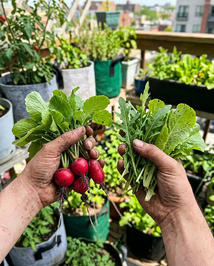 Fresh harvested radishes and greens from small-space container garden