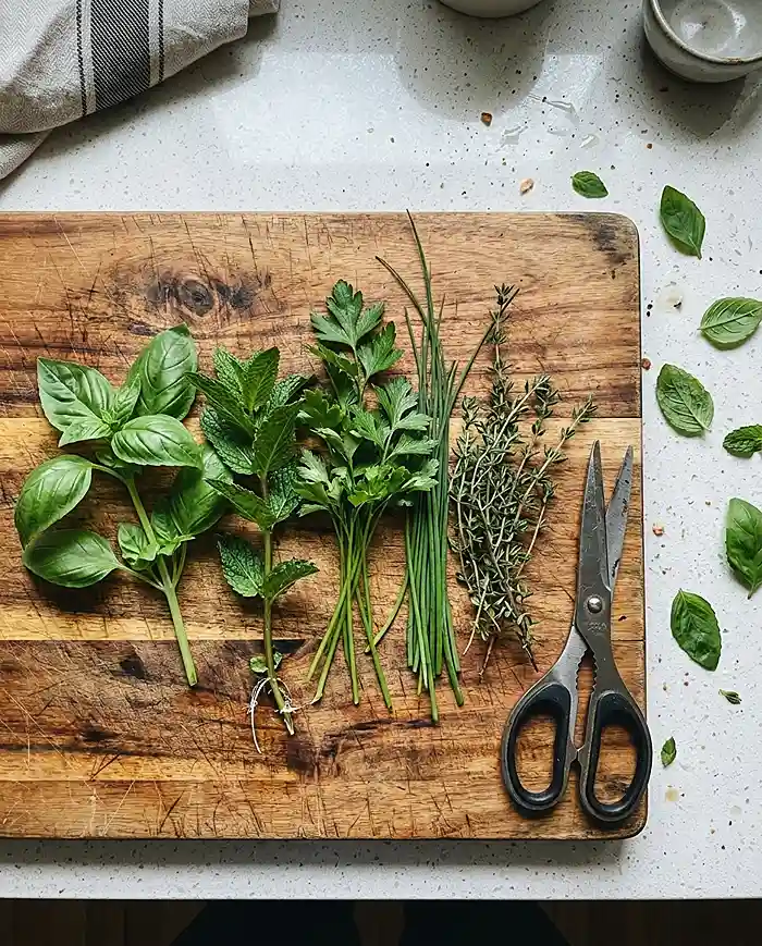 Best Herbs to Grow in a Small Space for Beginners 5 Freshly harvested basil mint parsley chives and thyme on a cutting board
