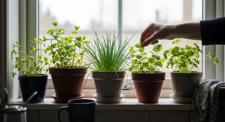 Growing herbs in low-light windows—mint, chives, and parsley on kitchen windowsill