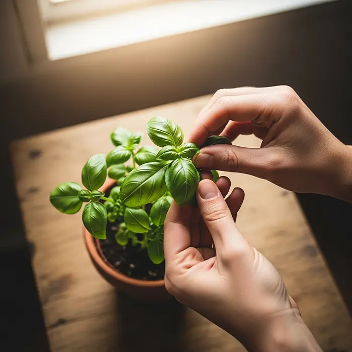 10 Best Herbs for a Sunny Windowsill 3 Hands pinching basil tips to encourage bushy windowsill herb growth