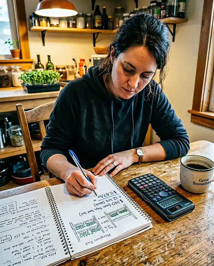 Low-Cost Microgreens System at Home 2 Handwritten microgreens savings calculation showing $11.67 hourly grocery savings