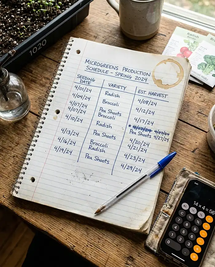 Handwritten microgreens staggered production schedule notepad with 3-day rotation plan