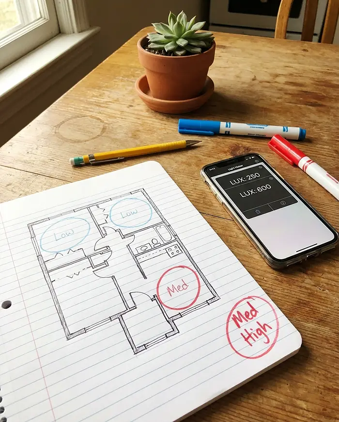 How to Choose the Right Plant for Your Light Conditions 4 Handwritten seasonal sun map sketch with light meter app for plant placement.