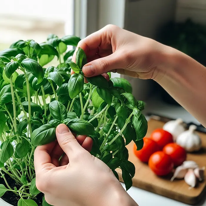 Windowsill Herb Gardens 5 Harvesting fresh basil from kitchen windowsill herb garden during cooking