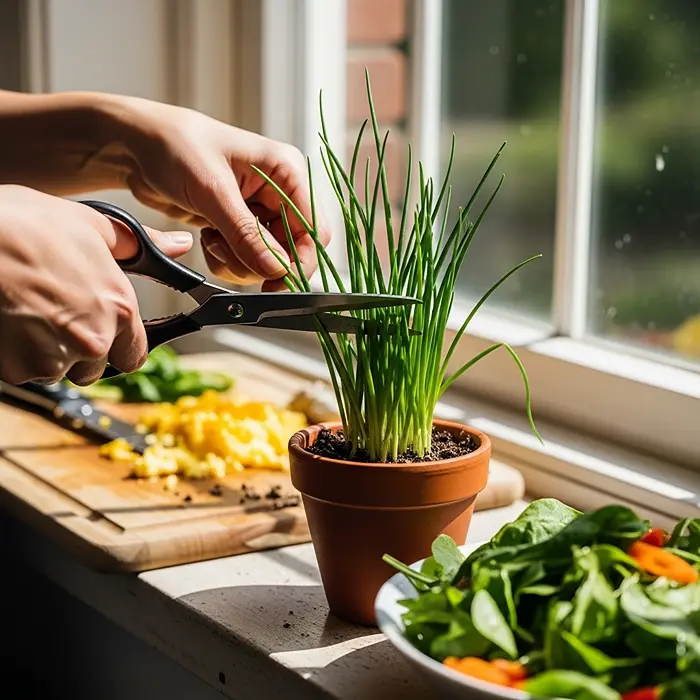 Harvesting fresh chives from windowsill herb garden for cooking