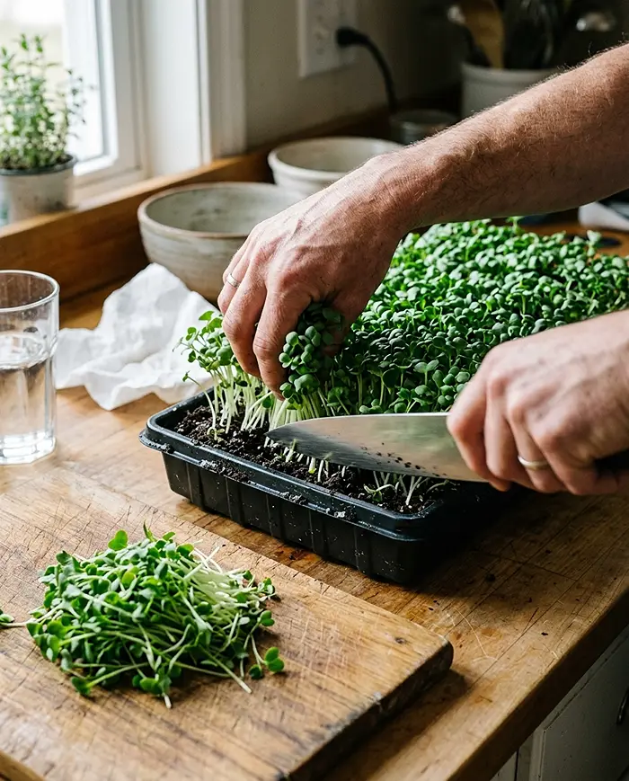Low-Cost Microgreens System at Home 4 Harvesting homegrown broccoli microgreens with chef's knife above soil line