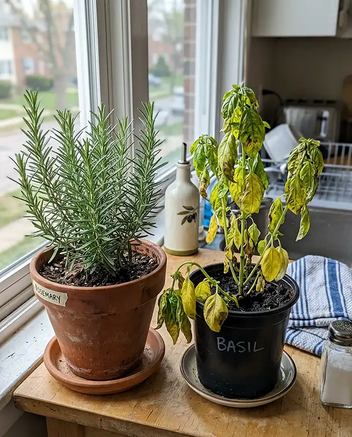 How Often Should You Water Windowsill Herbs? 4 Healthy rosemary versus overwatered basil showing yellow leaves on windowsill