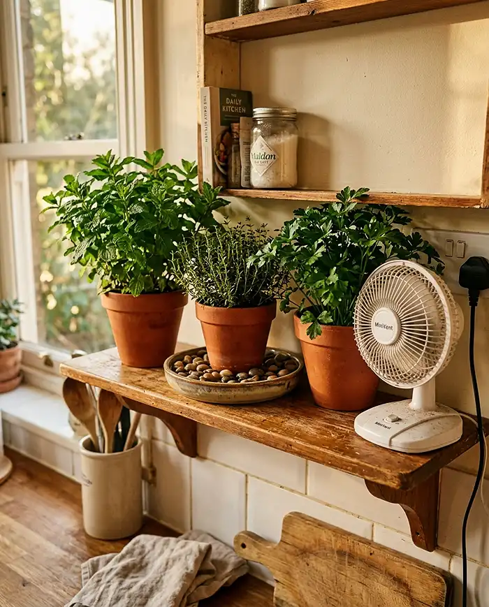 Healthy thriving indoor herb garden with fan and pebble humidity tray on shelf