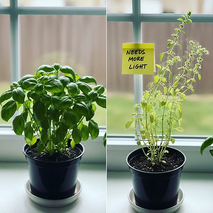Windowsill Herb Gardens 2 Healthy vs leggy etiolated basil plants showing light deficiency signs