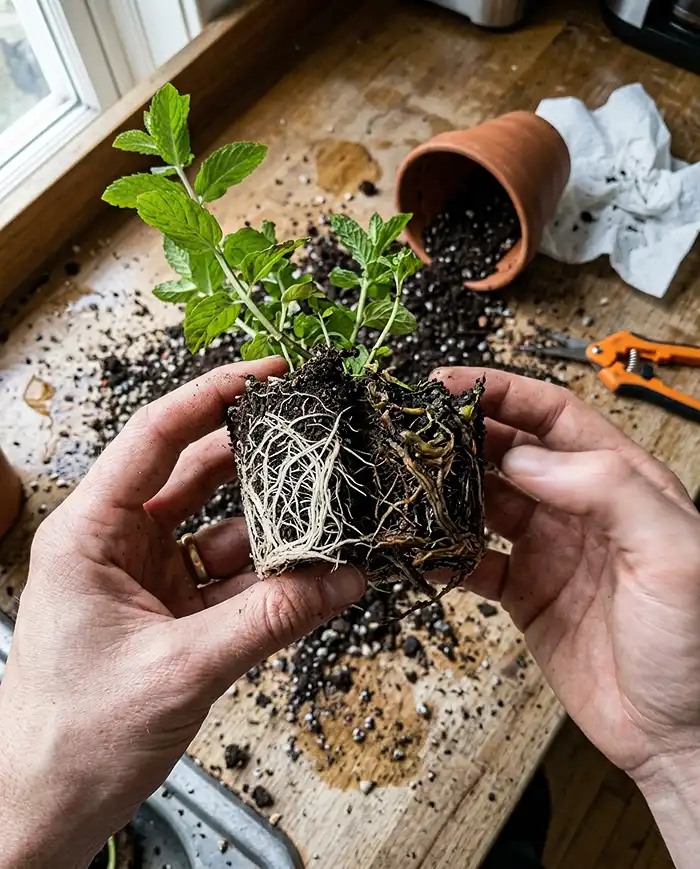 Herb root ball showing black rotted roots versus healthy white roots indoors