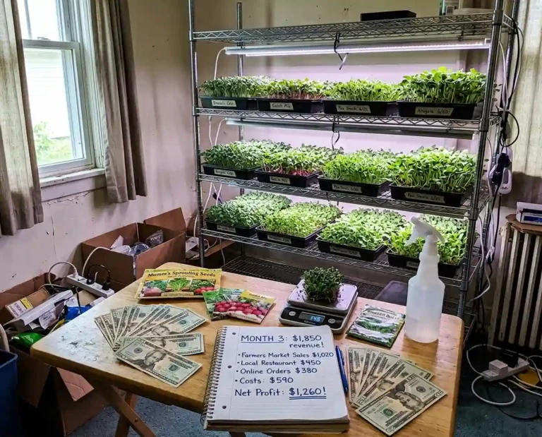 Home microgreens business setup showing real monthly revenue of $1850