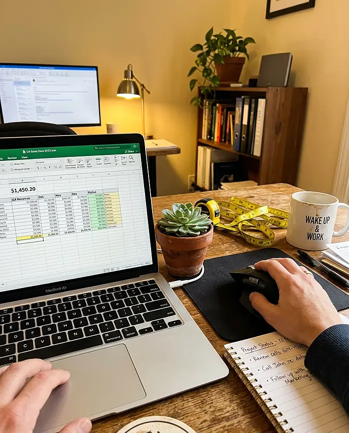 Space Comparison: How Much Room Do You Need? 4 Home office desk showing workspace dimensions with plant for hybrid work