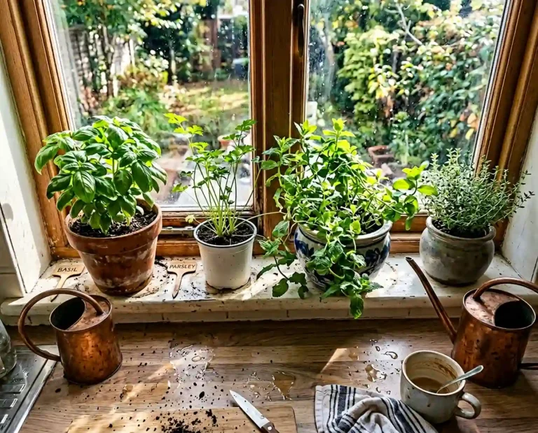 Kitchen windowsill herb garden with terracotta and plastic pots in sunlight