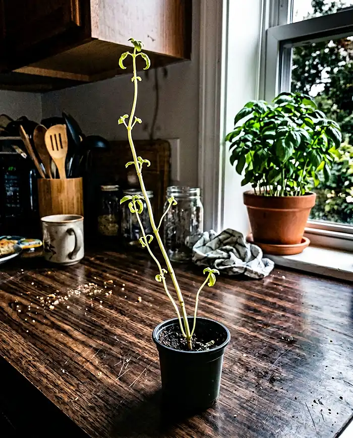 Leggy pale basil stem stretching toward light showing etiolation indoors