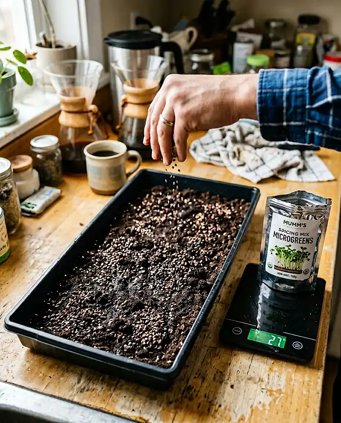 Best Microgreens to Grow Indoors for Beginners 2 Measuring microgreen seed density on 1020 tray for beginners