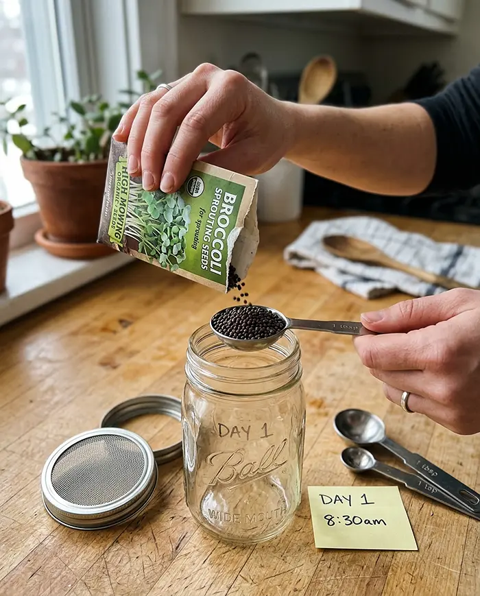 How to Grow Sprouts in a Jar 2 Measuring organic broccoli sprouting seeds into wide mouth Mason jar