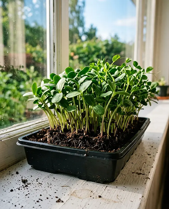 Sprouts vs. Microgreens for Beginners 4 Microgreens growing above soil line showing safe harvest zone for beginners