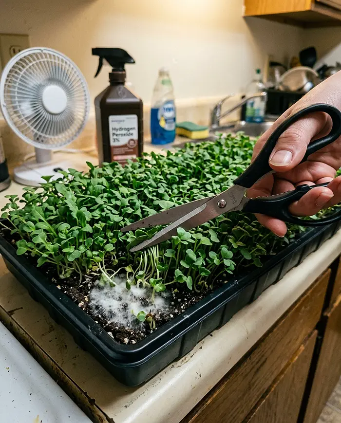 Microgreens Growing System for Small Apartments 5 Mold spot on microgreen tray with hydrogen peroxide bottle nearby