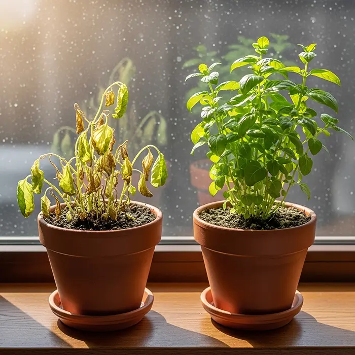10 Best Herbs for a Sunny Windowsill 5 Overwatered vs healthy windowsill herbs showing yellow leaf symptoms