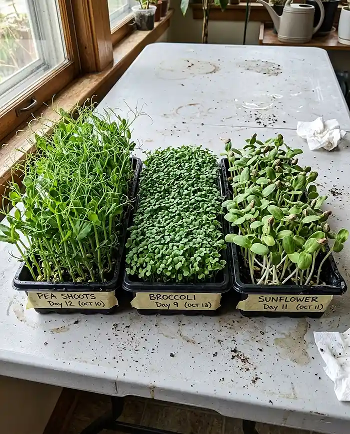 Pea shoots broccoli and sunflower microgreens trays at different harvest stages