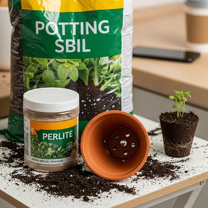 10 Best Herbs for a Sunny Windowsill 4 Potting supplies for windowsill herbs including soil, perlite, and terracotta pot with drainage