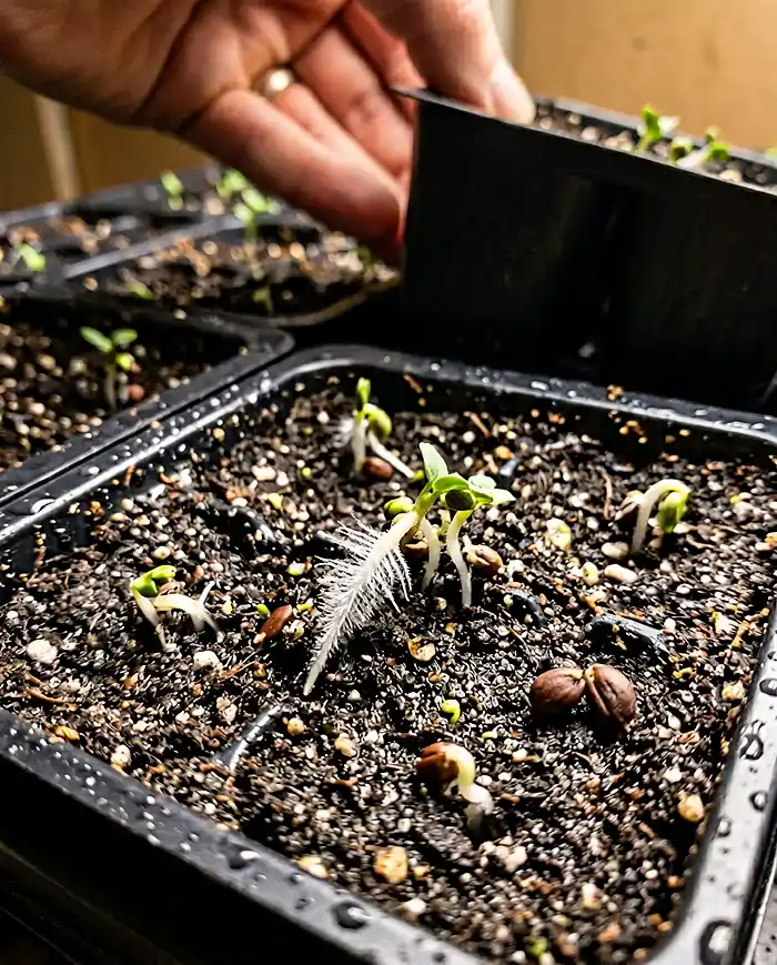 Radish microgreen root hairs on Day 2 germination under blackout tray removal