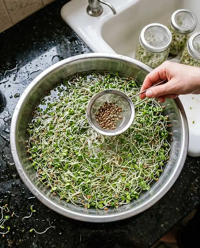 How to Grow Sprouts in a Jar 5 Removing seed hulls from fresh sprouts using bowl water method