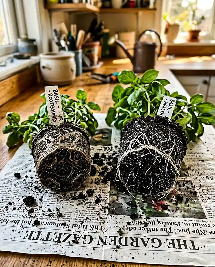 Root-bound herb vs healthy herb roots comparing pot size effects