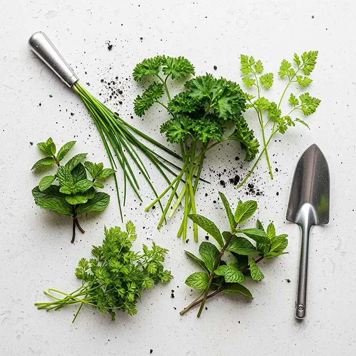 Shade-tolerant culinary herbs for indoor herb gardens—chives, parsley, mint, chervil