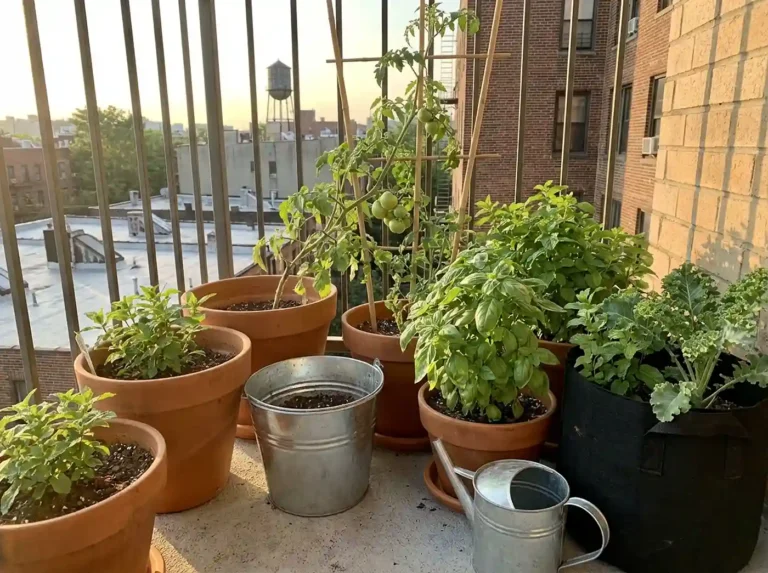 Small balcony container garden with tomatoes herbs and leafy greens in urban setting