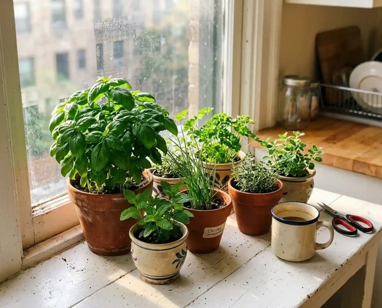 Small herb pots on a sunny apartment windowsill with basil mint and thyme