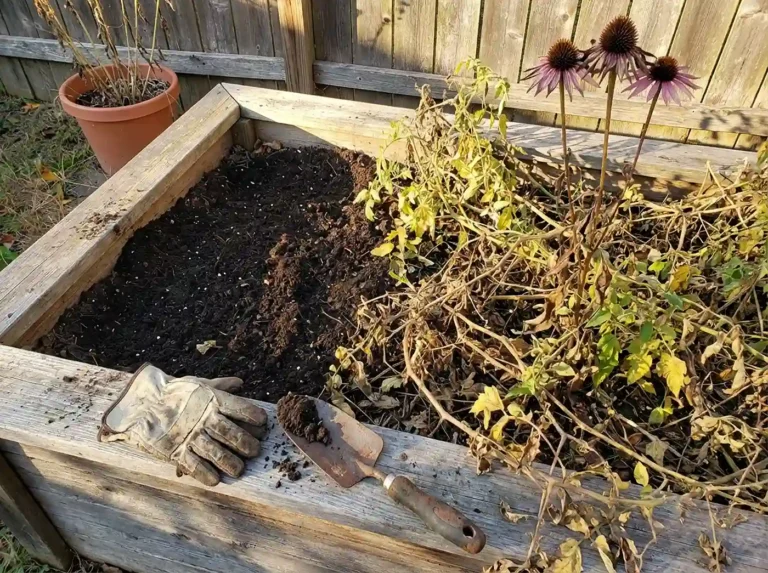 Small raised bed garden half-cleared during fall small-space garden tasks