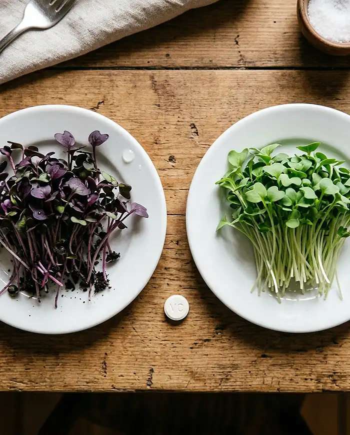 Soil vs Hydroponic Microgreens 2 Soil grown red cabbage vs hydroponic broccoli microgreens nutrient comparison plates