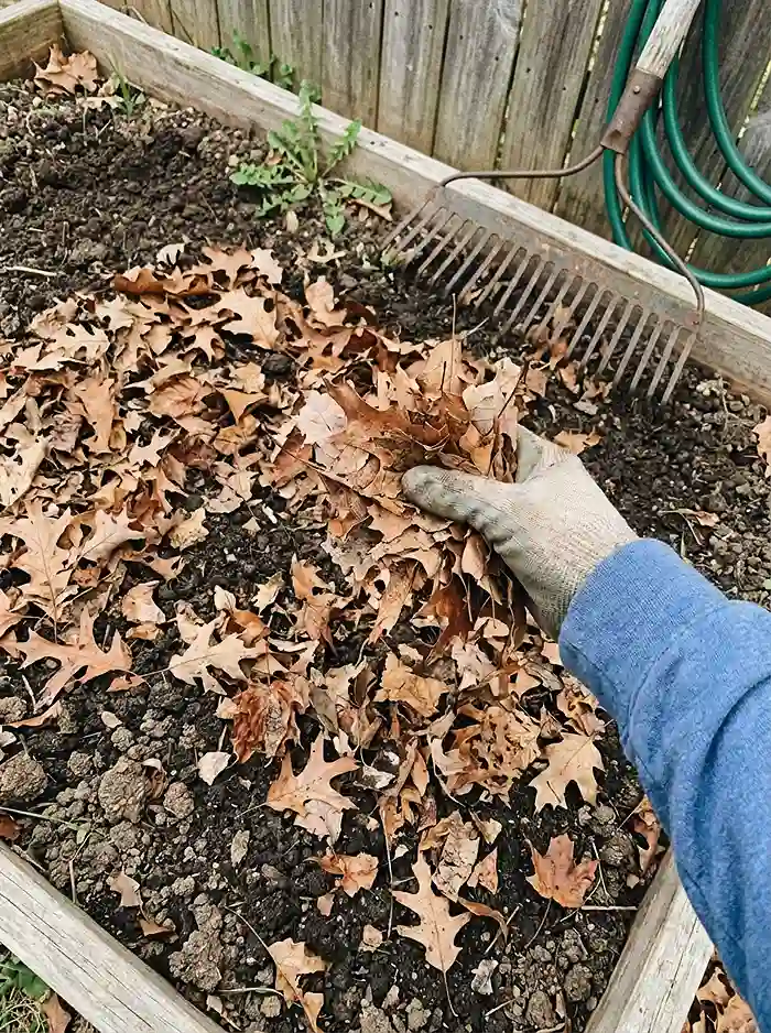 Spreading shredded leaf mulch over small garden bed before winter freeze