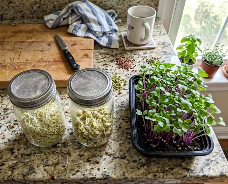 Sprouts vs microgreens comparison jars and trays kitchen counter