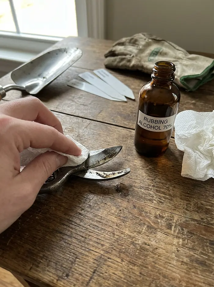 Sterilizing garden pruners with isopropyl alcohol before spring planting season