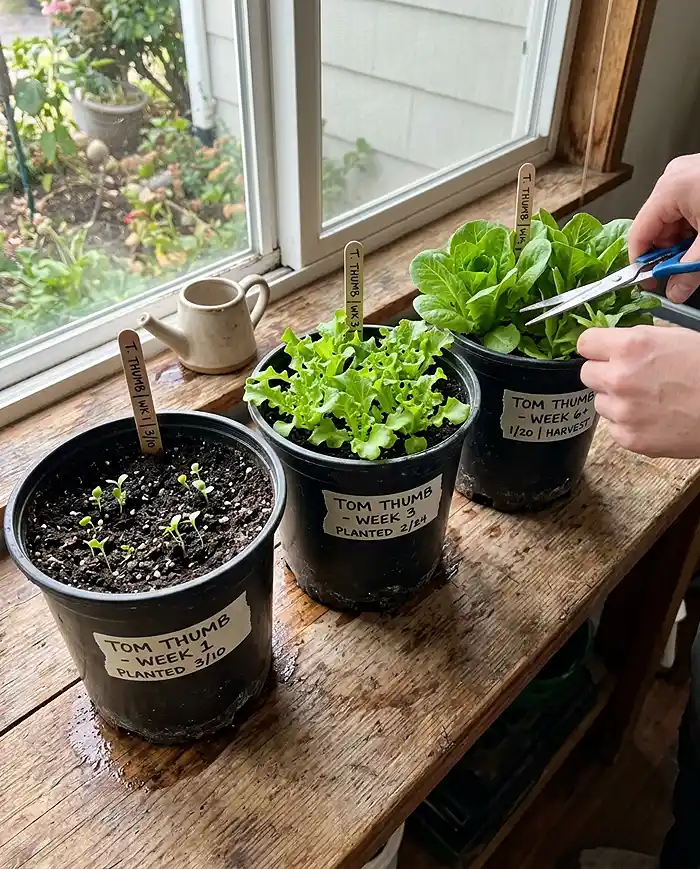 10 Fast-Growing Vegetables for Small Pots 3 Succession planted lettuce containers showing staggered growth and harvest stages