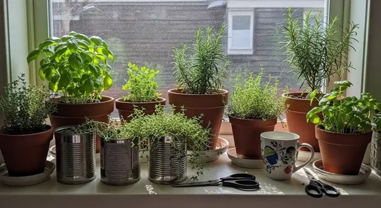 Best Herbs for a Sunny Windowsill - Sunny kitchen windowsill herb garden with basil, thyme, and rosemary in mismatched pots