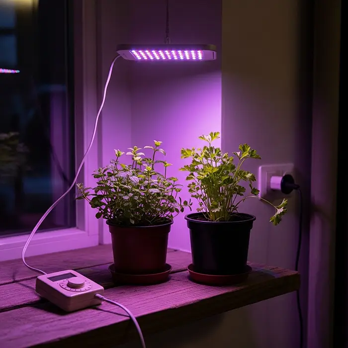 Supplemental LED grow light for growing herbs in low-light windows at home