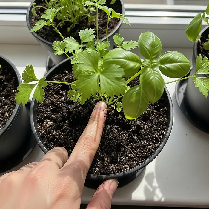Windowsill Herb Gardens 4 Testing soil moisture in windowsill herb pot with finger test method