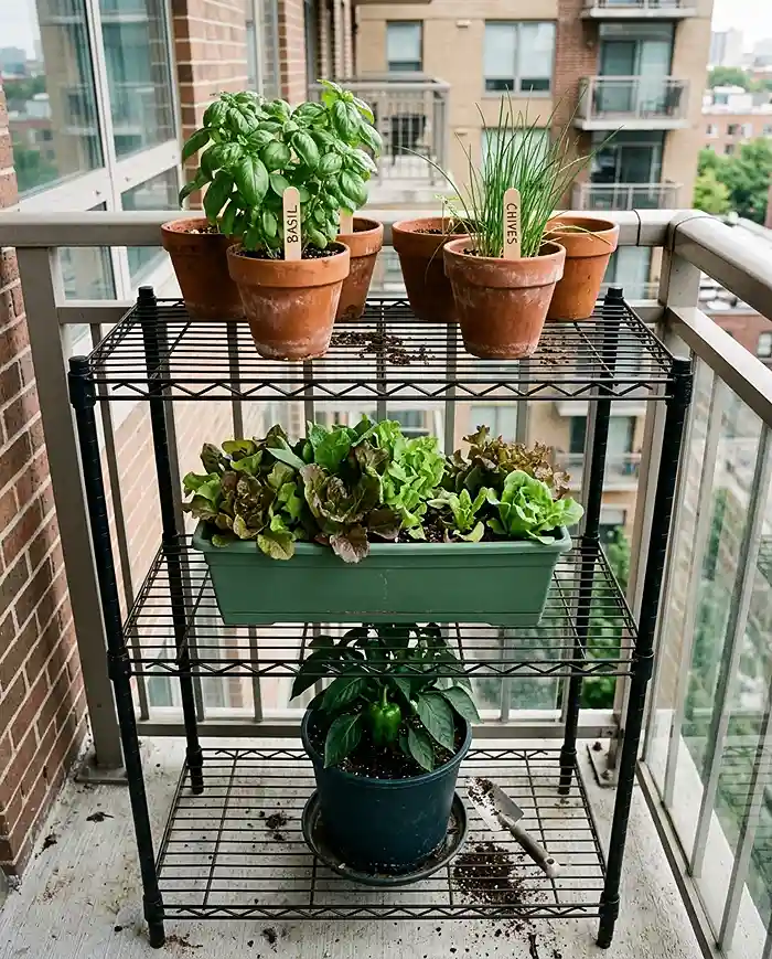 Three plant categories herbs, leafy greens, and compact vegetables in containers