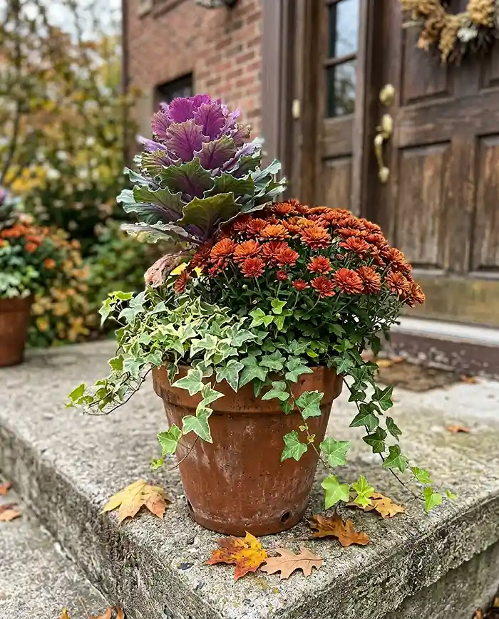 Best Plants for Small-Space Gardening by Season 5 Thriller filler spiller fall container with ornamental kale mums and trailing ivy