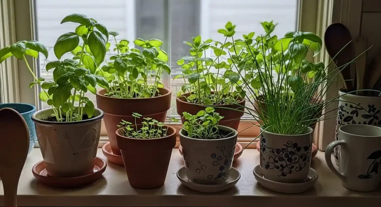 Thriving windowsill herb garden with basil and mint in morning sunlight