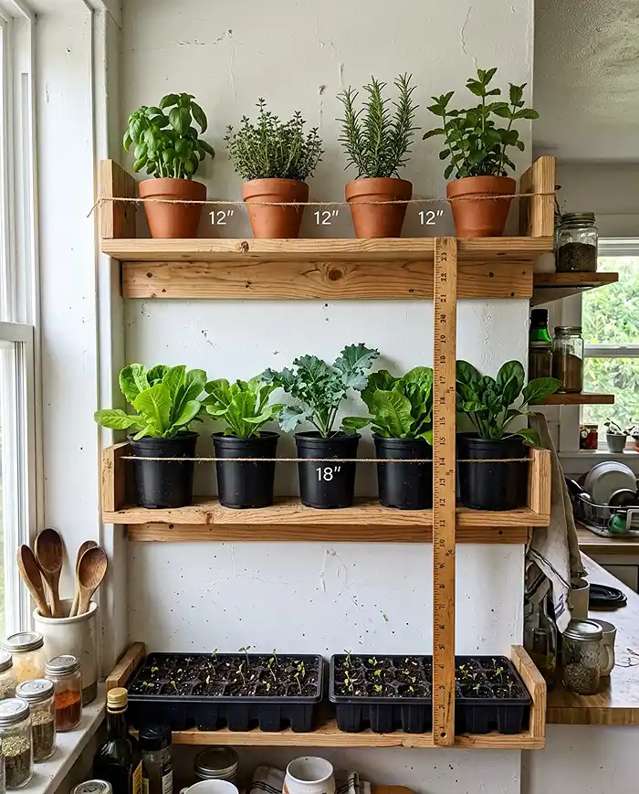 Space Comparison: How Much Room Do You Need? 5 Vertical plant shelves showing proper spacing measurements for different plant sizes=