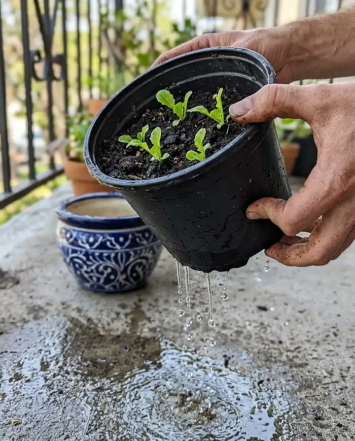 Water draining from container pot showing proper drainage holes