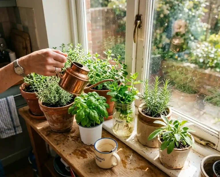 Watering windowsill herbs in terracotta and ceramic pots on sunny kitchen ledge